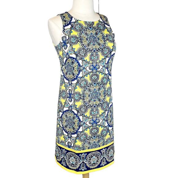 London Style Mandala Print Sleeveless Shift Dress Size 8 Yellow Blue Cotton - Picture 5 of 14